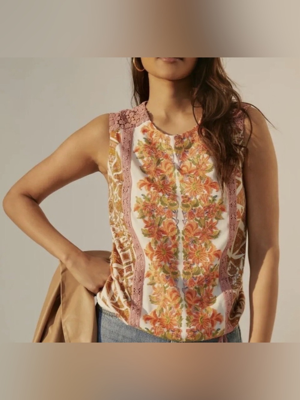 Anthropologie TINY Embroidered Floral Sleeveless Boho Chic Top - S